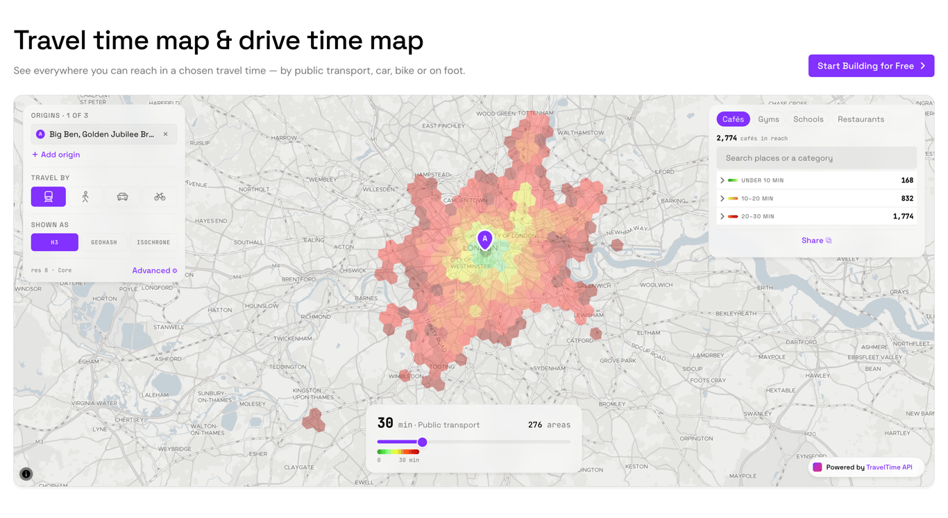 Image of TravelTime free isochrone generator map, using H3, public transit and POI data in London