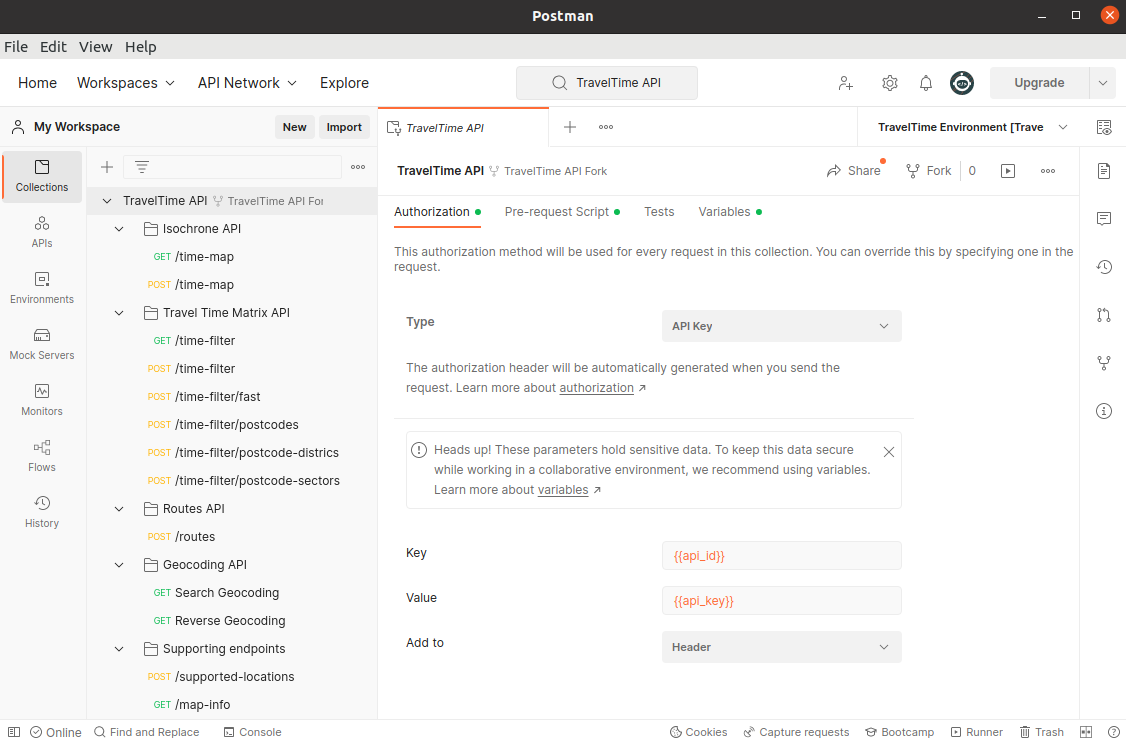 postman interface TravelTime API