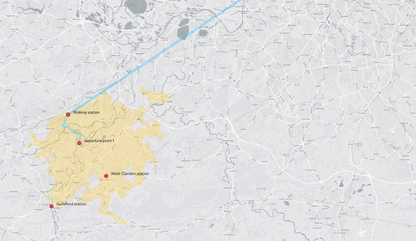 An optimal journey found from departure point 1 with its driving search state