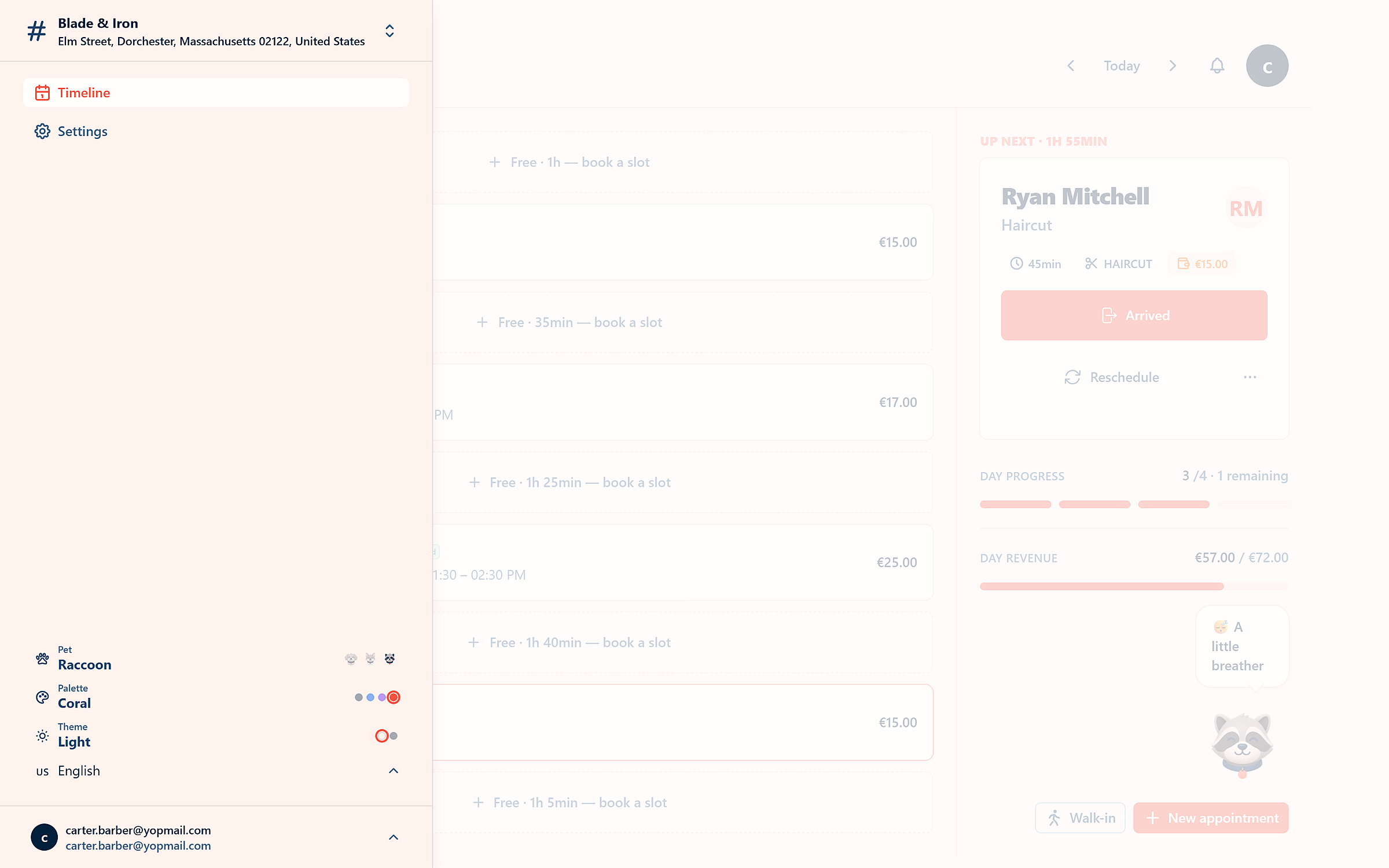 Barber settings panel with mascot, color palette, theme and language options