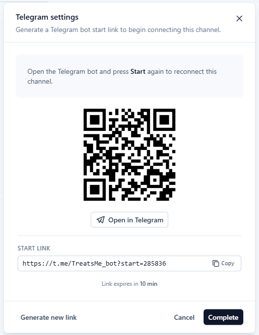 Telegram integration settings