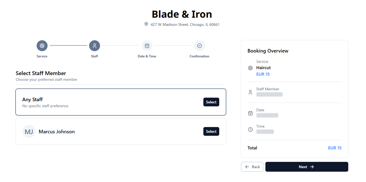 Barber selection — choose a specific barber or any available