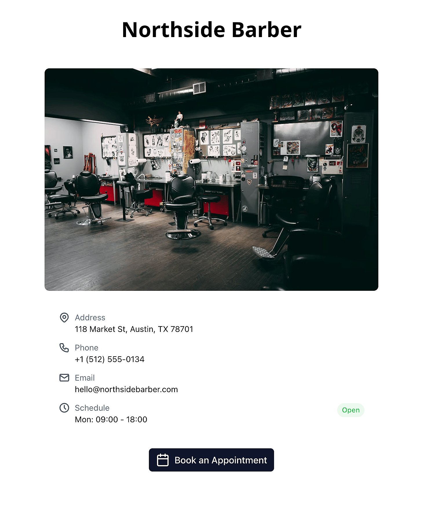 Halaman perniagaan barbershop dengan butiran hubungan dan waktu operasi