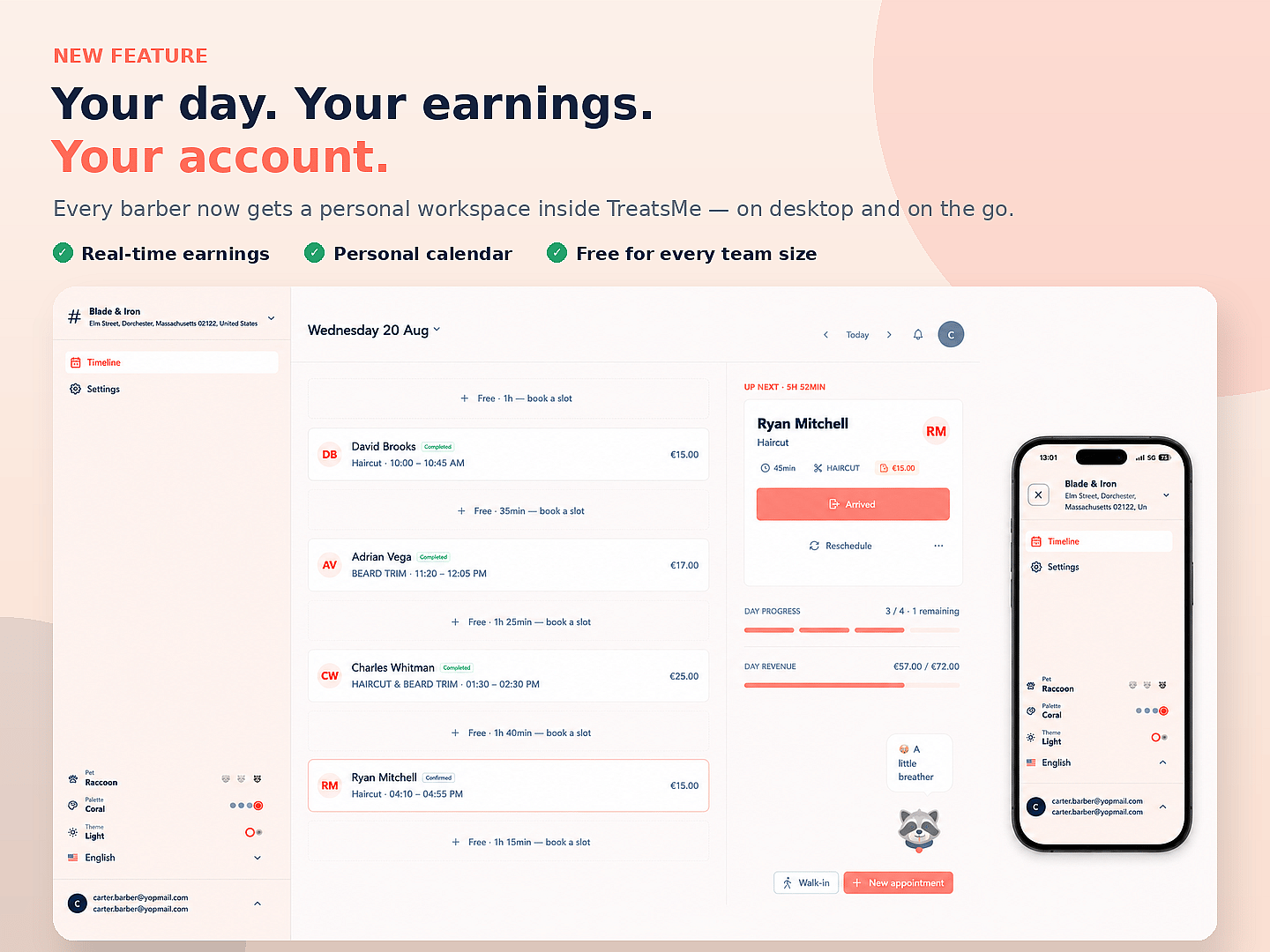New feature: your day, your earnings, your account — every barber gets a personal workspace, free for every team size
