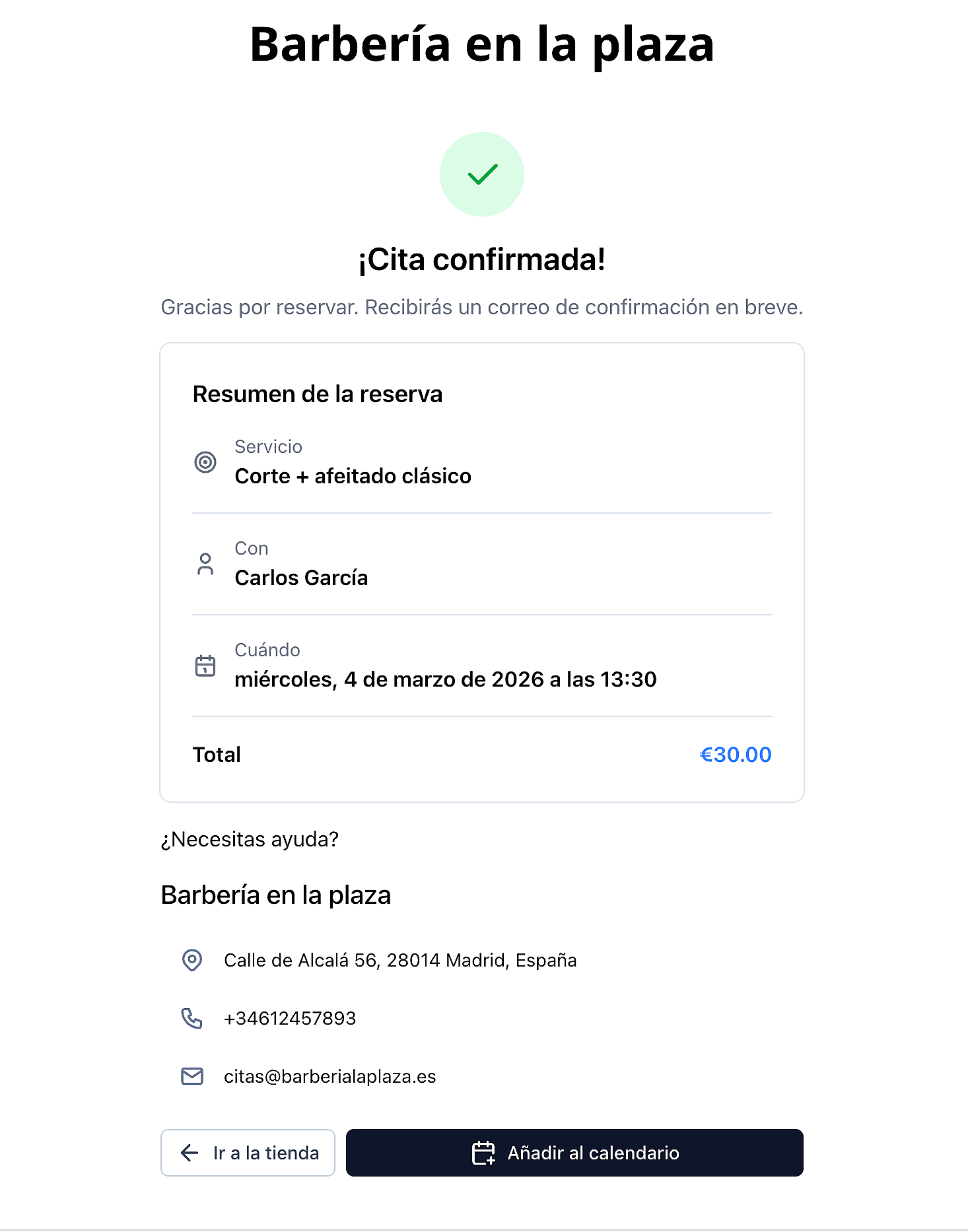 Сторінка підтвердження запису з деталями та опцією додати в календар