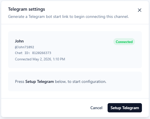 Telegram bot connection page with QR code