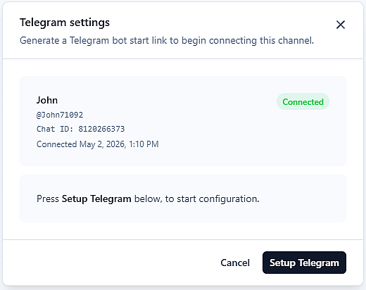 Telegram bot connection page with QR code