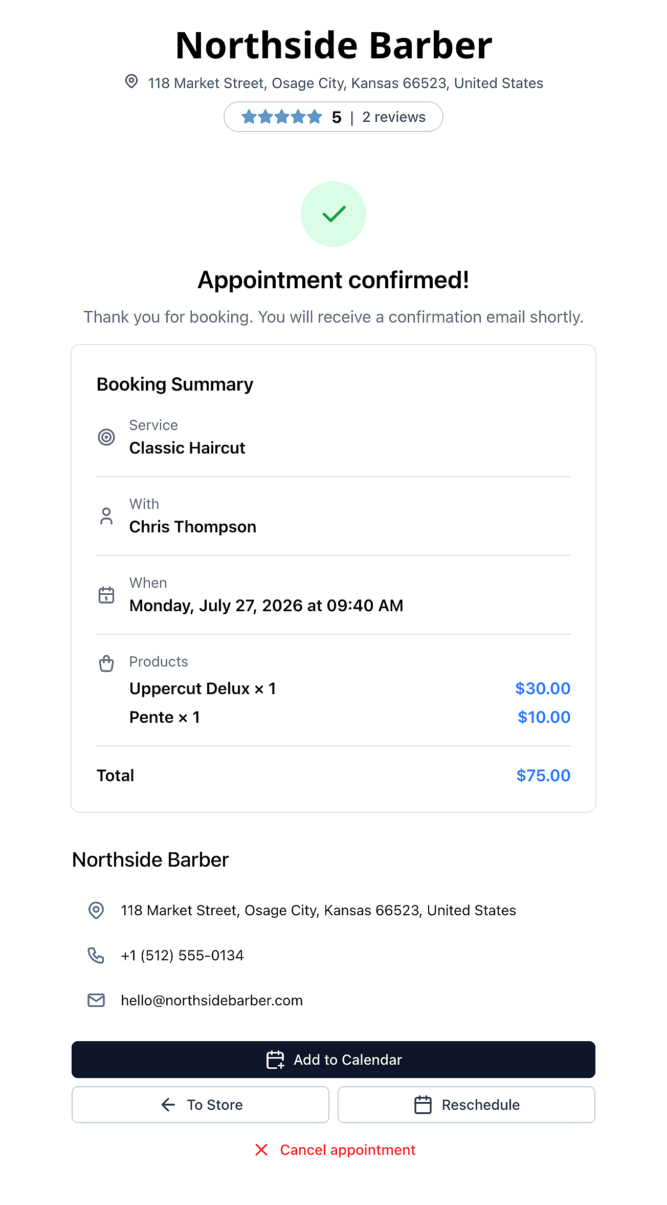 Booking confirmation page with appointment details and calendar option