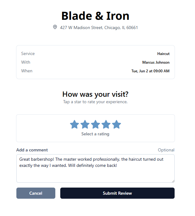 Review form with star rating and comment field