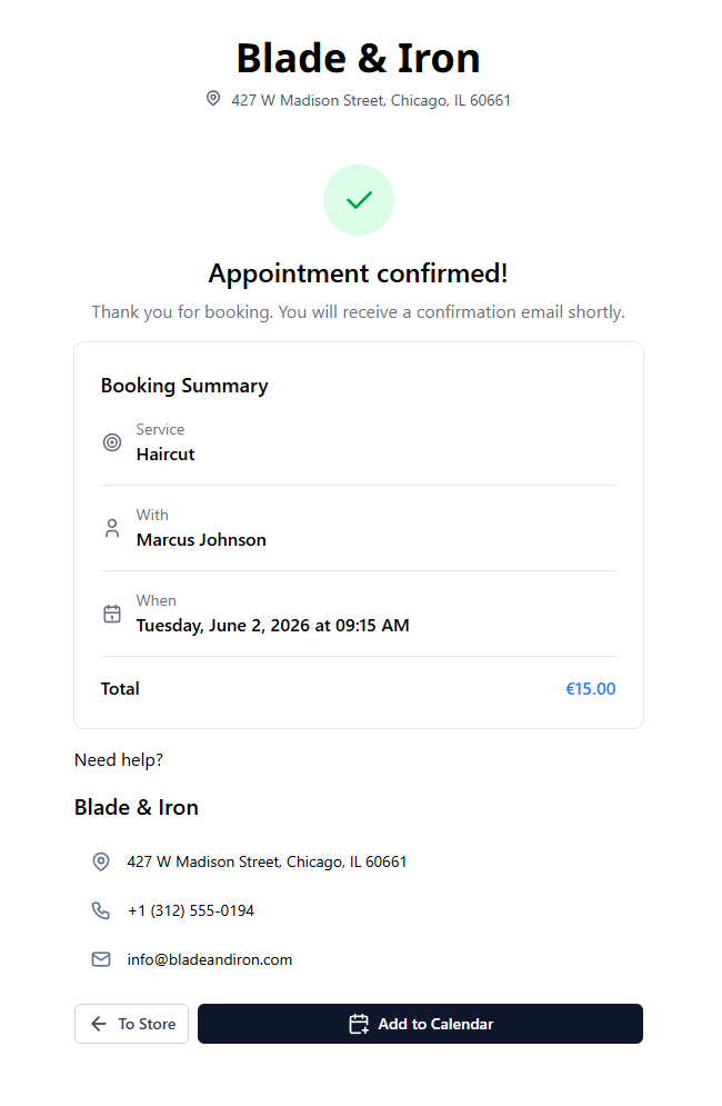 Booking confirmation screen with appointment summary
