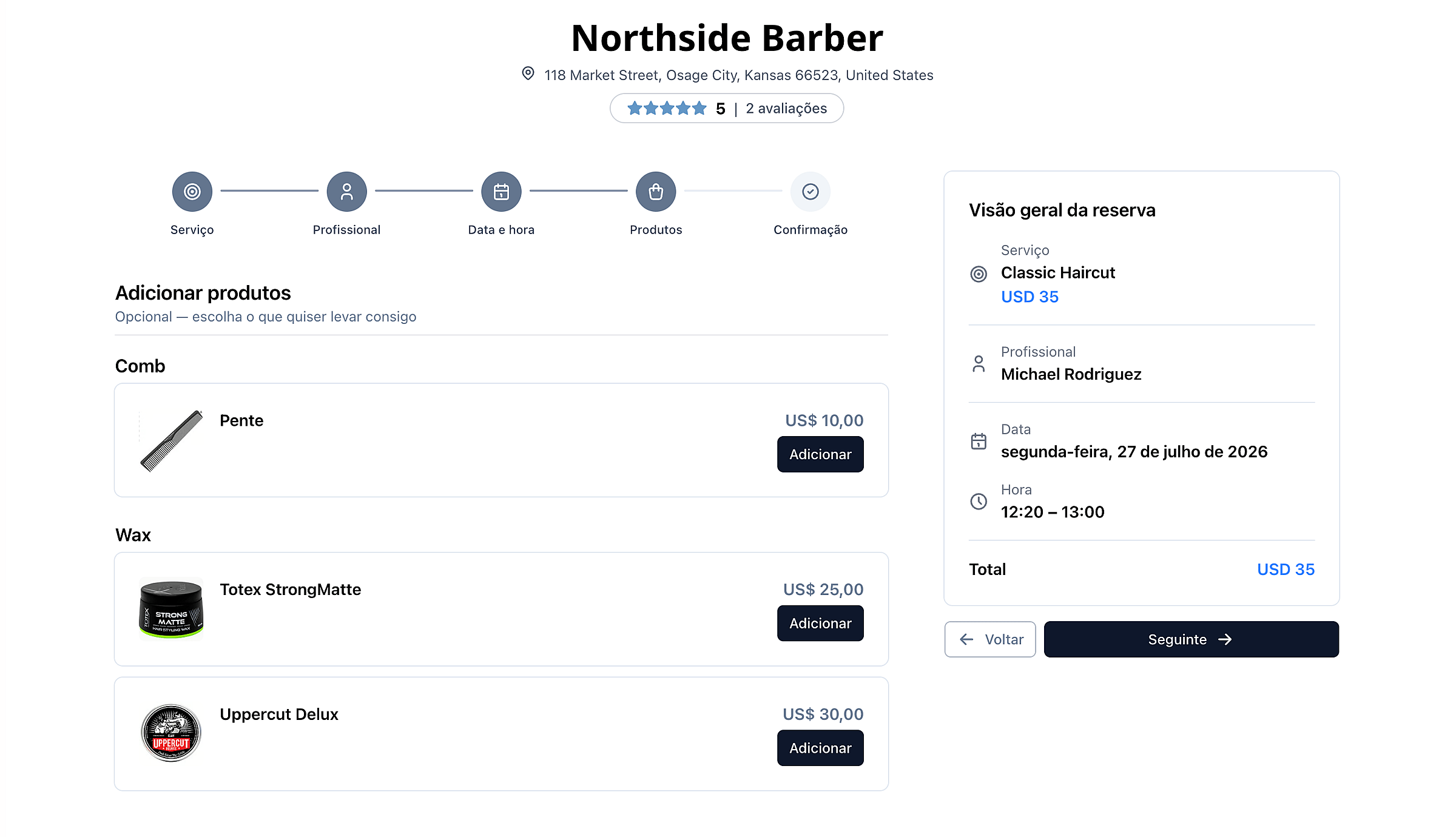 Fluxo de agendamento do cliente mostrando produtos junto com os serviços