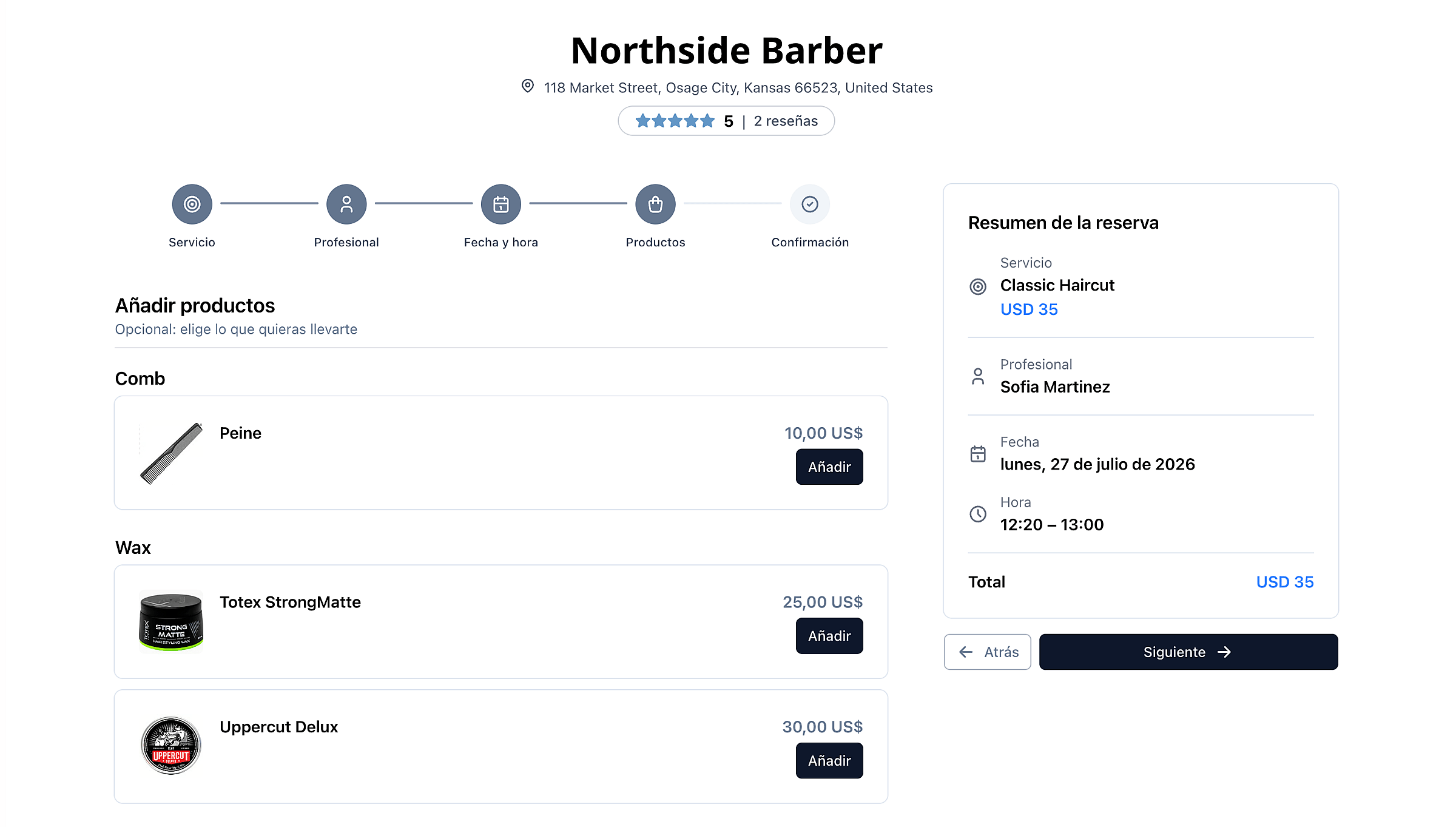 Proceso de reserva del cliente mostrando productos junto a los servicios
