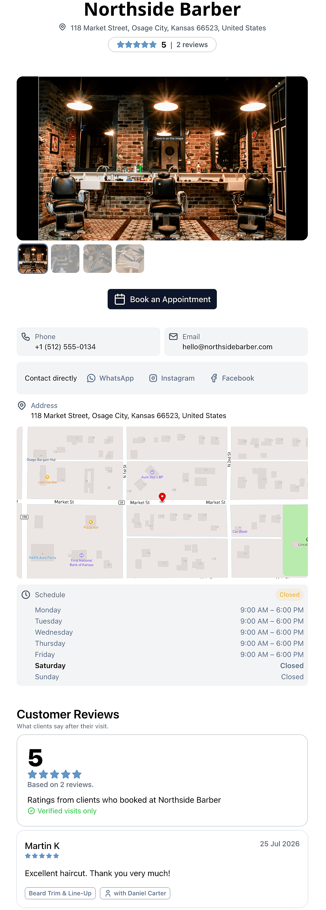 Barbershop business page with contact details and opening hours