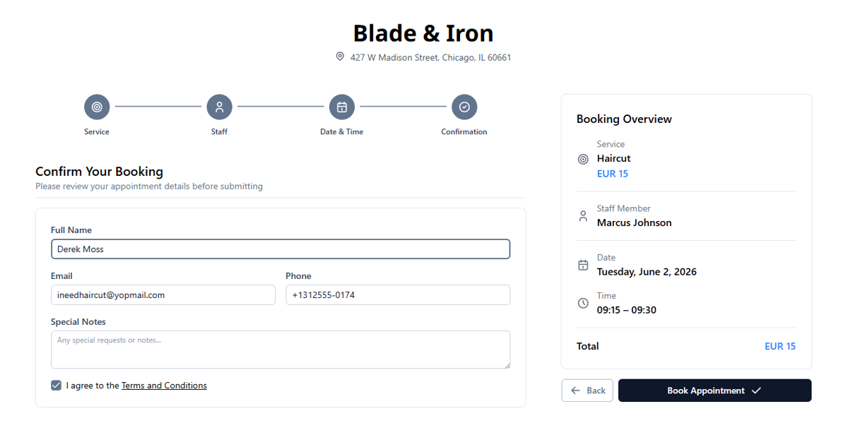Contact details form — name, phone, email, and optional note