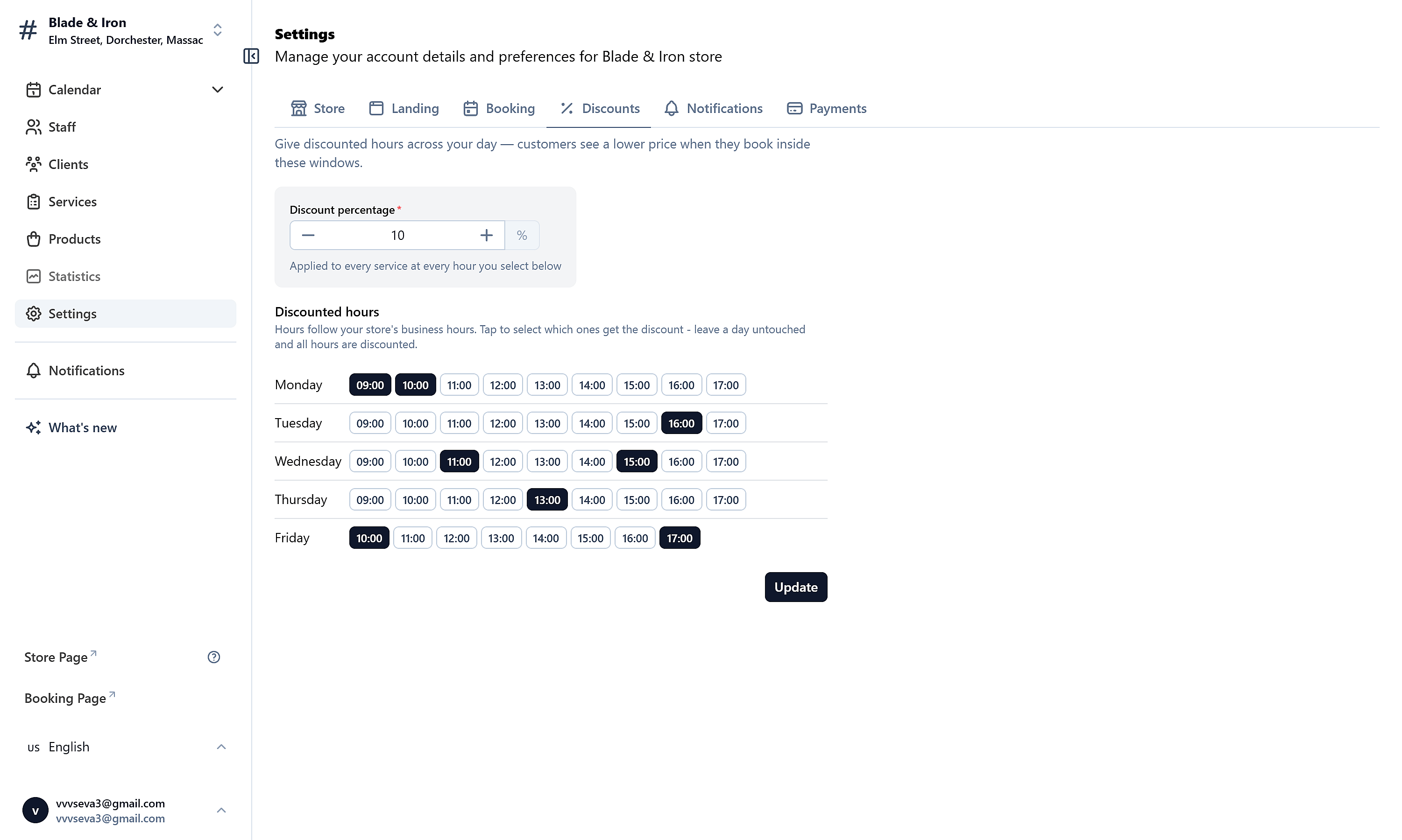 Settings panel for setting a discount percentage and marking discounted hours per weekday