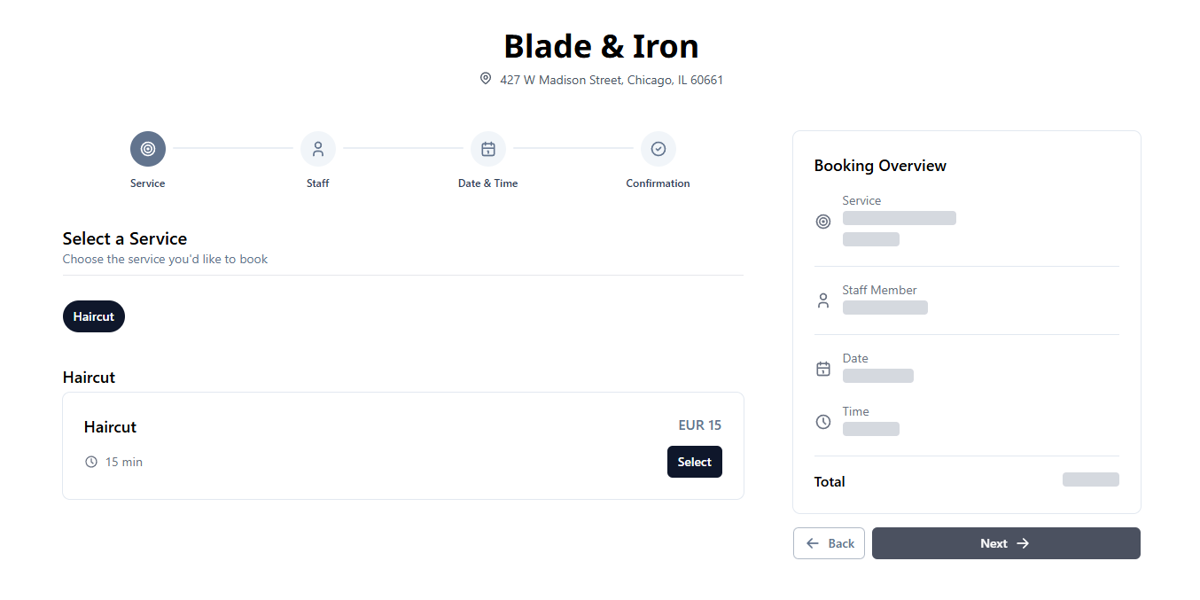 Service selection screen — choosing a haircut