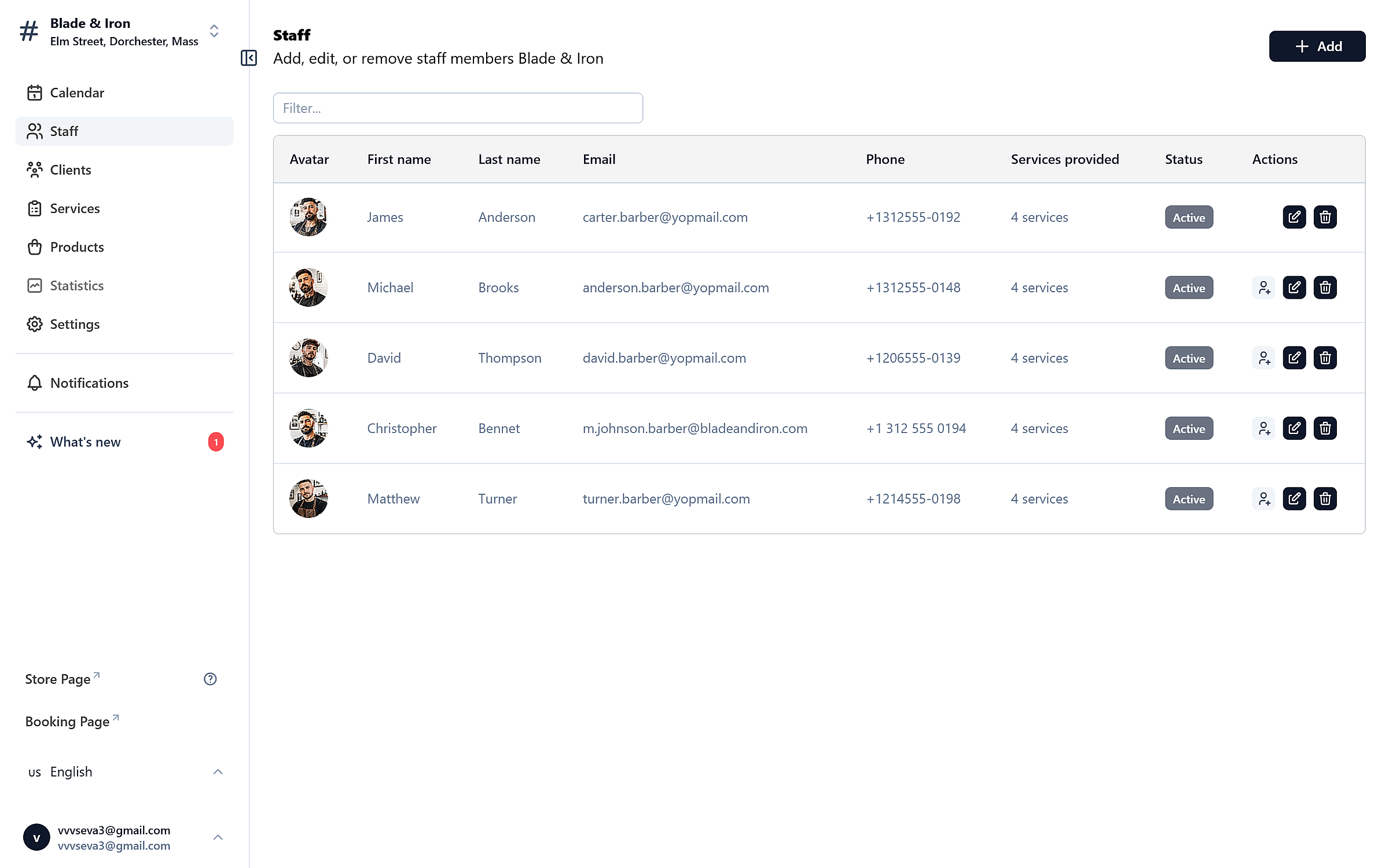 Staff tab in the TreatsMe dashboard listing team members with an invite action