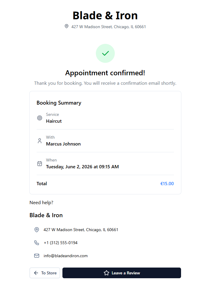 Post-visit screen with Leave a Review button