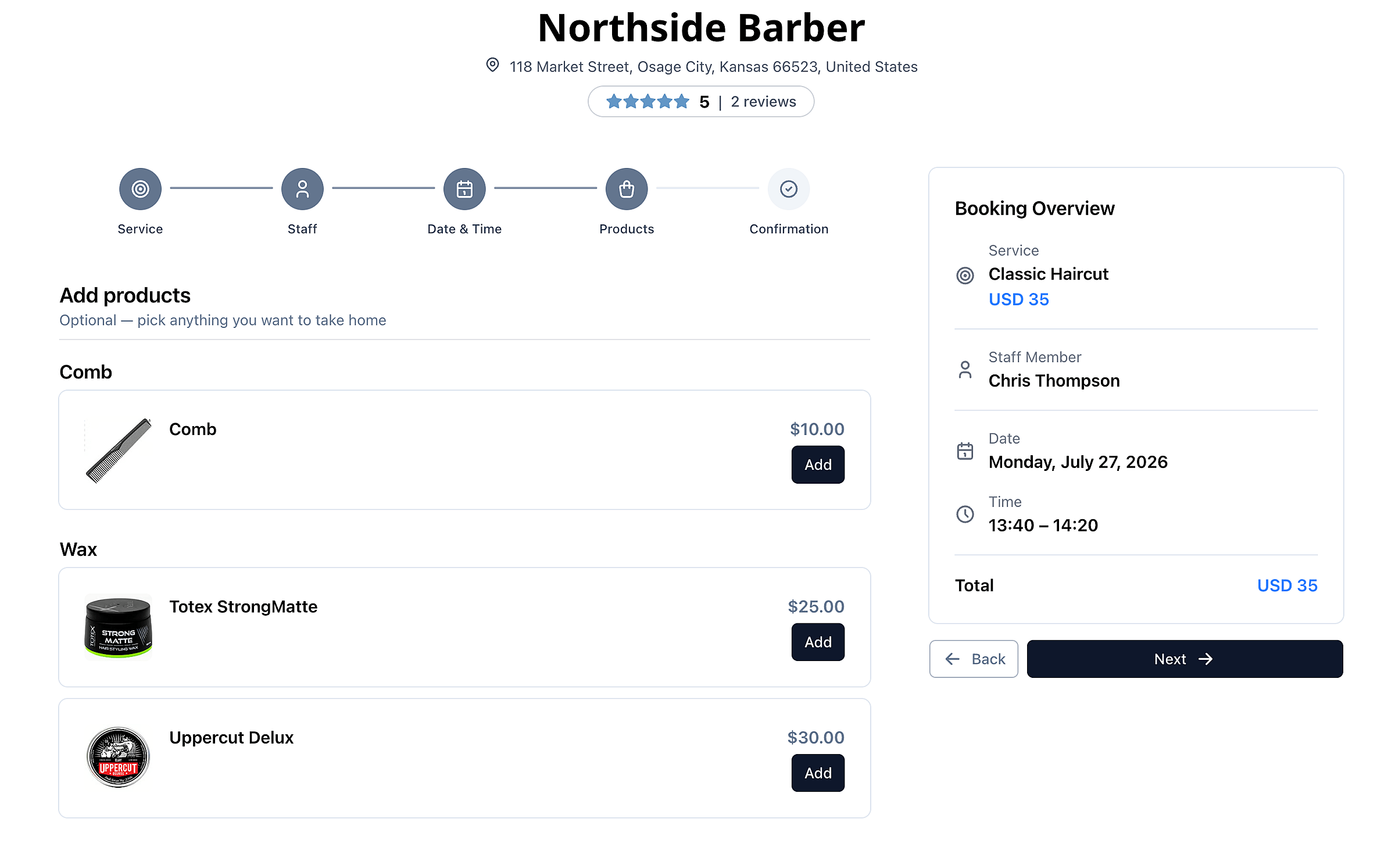 Client booking flow showing products alongside services