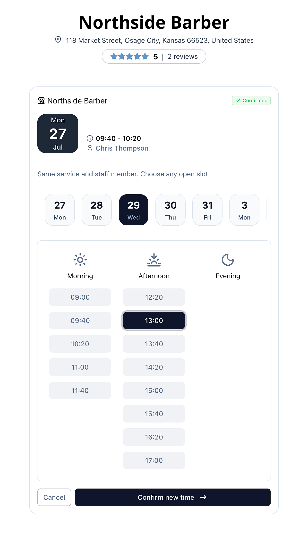 Client rescheduling an appointment by picking a new date and time