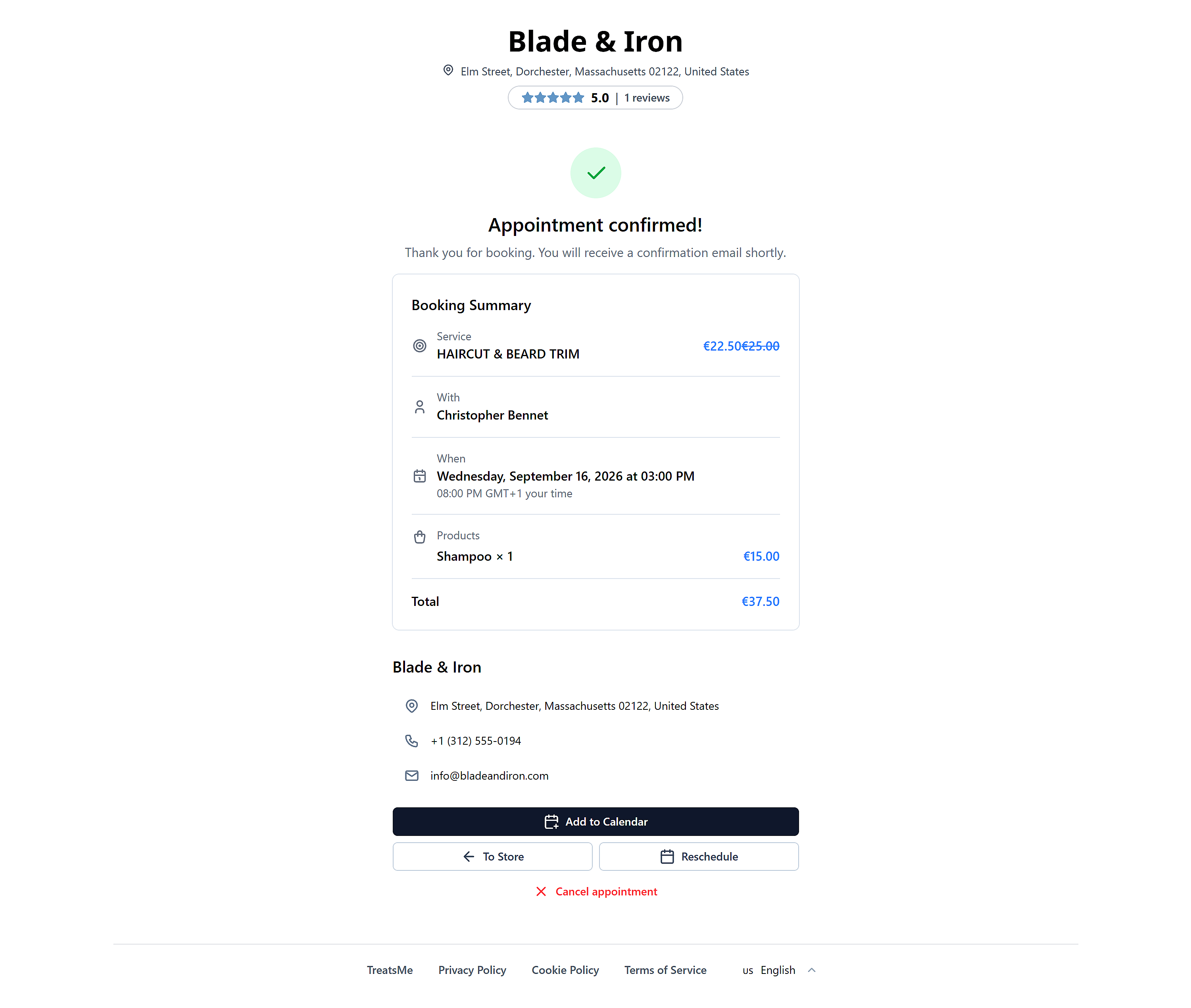 Booking confirmation screen showing the discounted price applied to the total