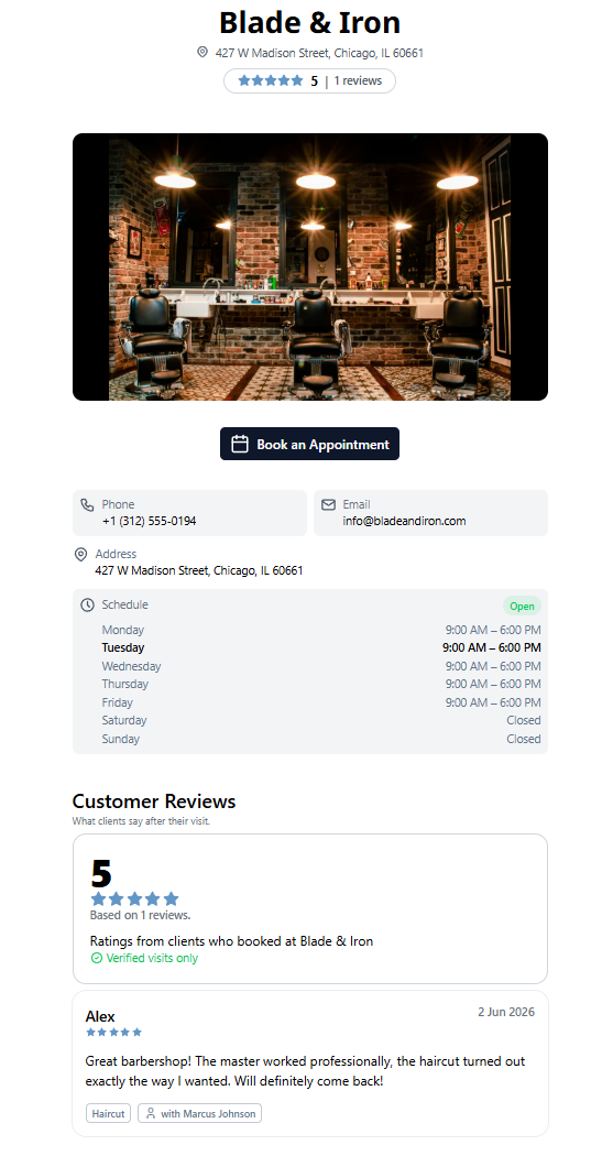 Barbershop booking page now showing the submitted client review