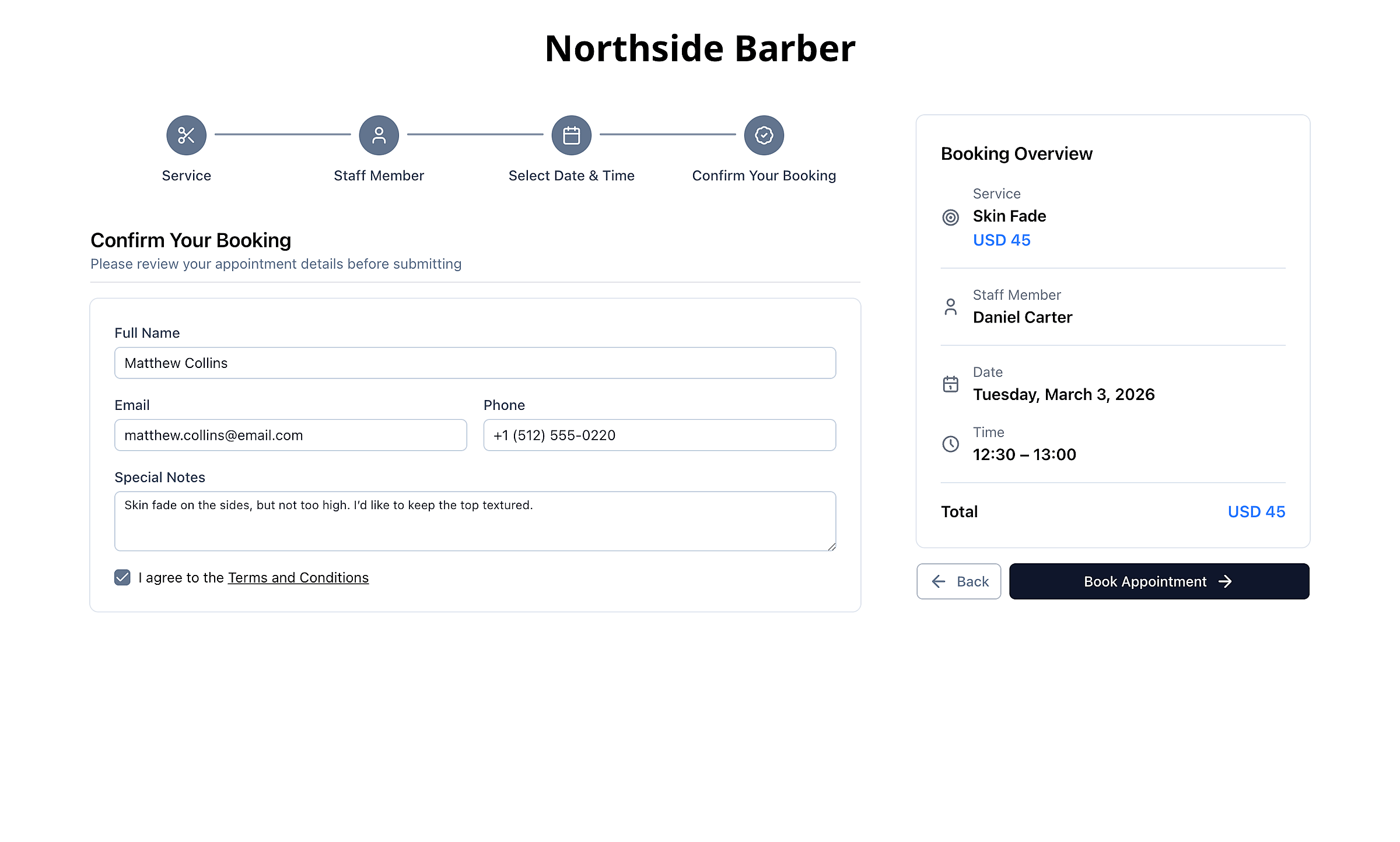 Final booking step with customer note field