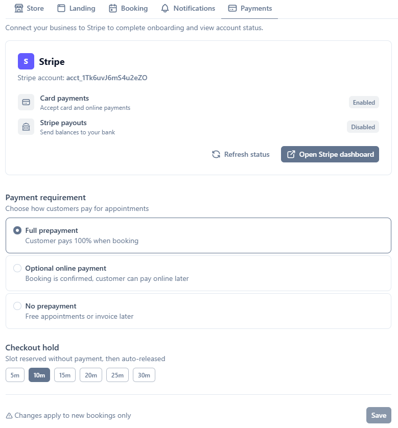 TreatsMe payments tab with Stripe connected and settings available
