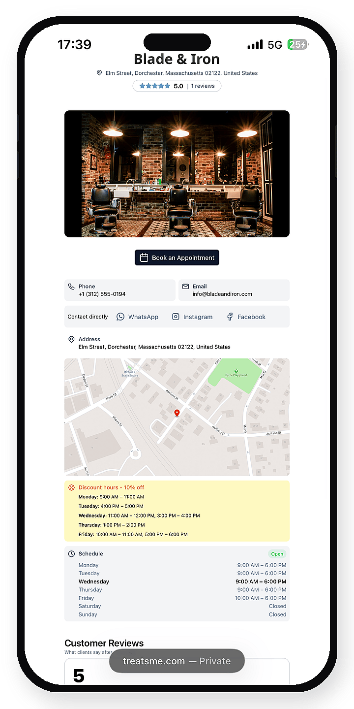 The same public barbershop page on a phone