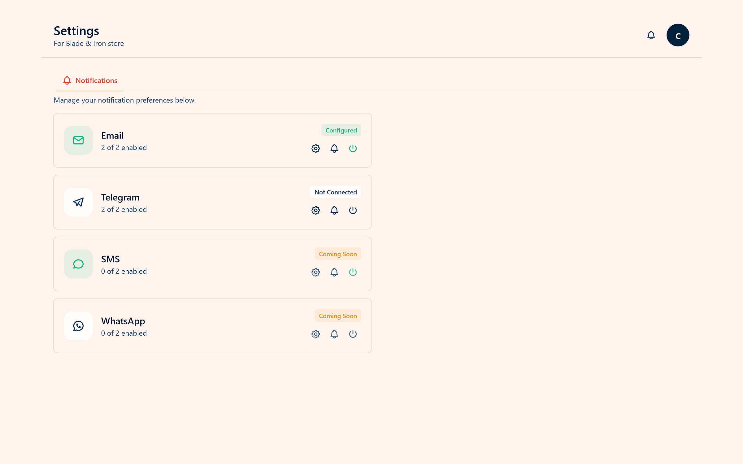 Notification settings with email, Telegram, SMS and WhatsApp options