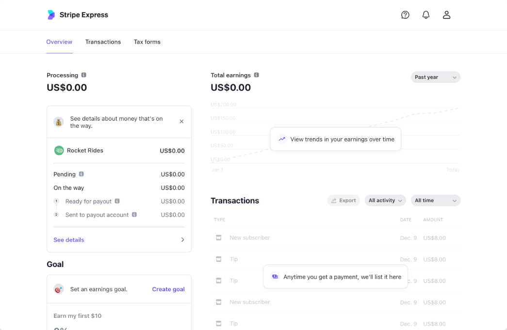 Stripe dashboard after successful onboarding