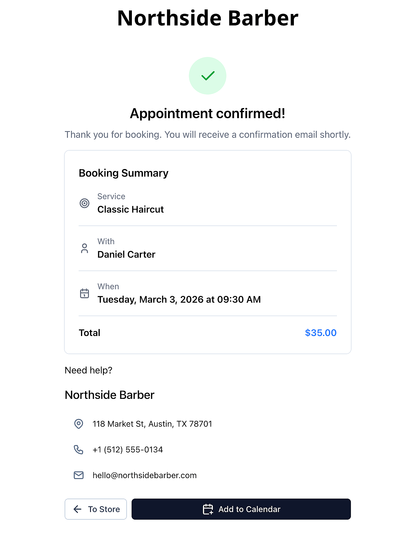 Booking confirmation page with appointment details and calendar option