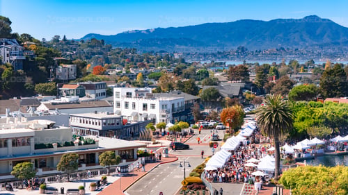 Aerial Picture of a wine festival on sunny day in downtown Tiburon, California.