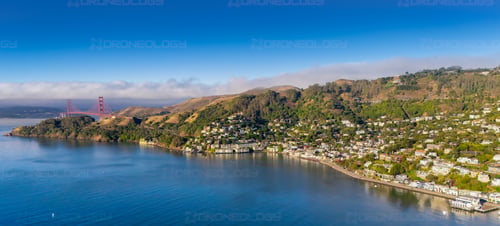 Aerial Picture at Sunrise of Golden Gate Bridge and Sausalito, California.