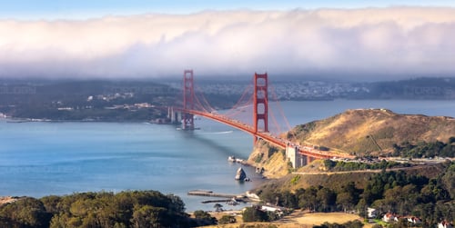 Aerial Picture at Sunrise of the Golden Gate Bridge in Sausalito, California.