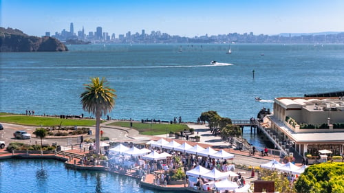 Aerial Picture of a wine festival on sunny day in downtown Tiburon, California.