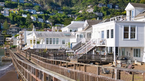Picture at Sunrise of Shoreline Homes and boardwalk by Swede's Beach in Sausalito, California.