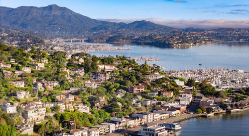 Aerial Picture at Sunrise of Sausalito Yacht Harbor with Mt. Tam in the background in Sausalito, California.