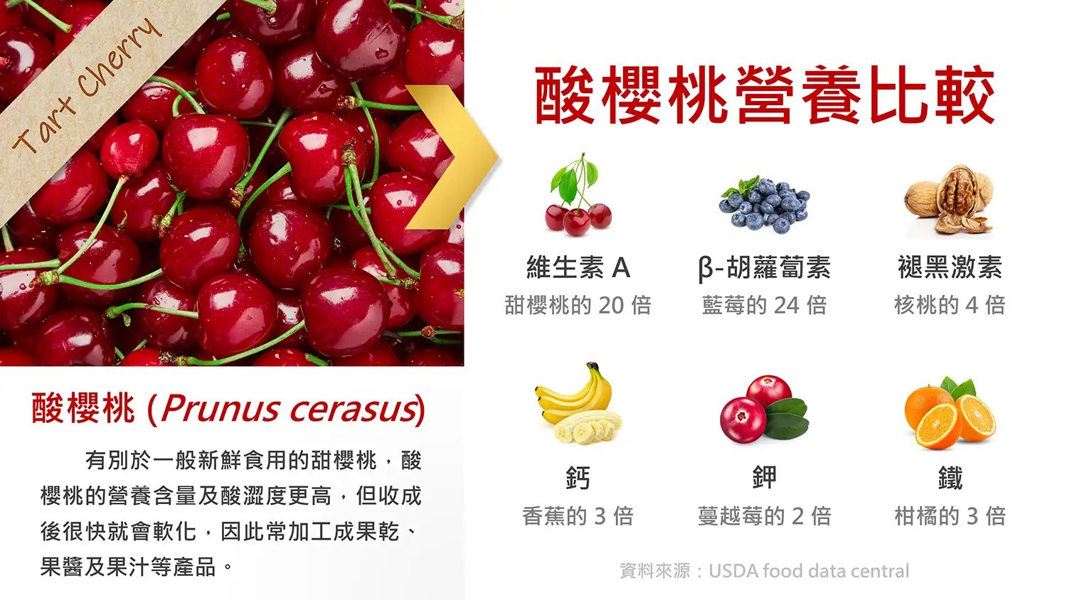 酸櫻桃 含有 14 種維生素、9 種礦物質、花青素及褪黑激素等天然營養。