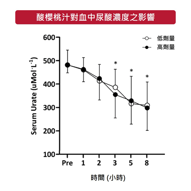 短期補充酸櫻桃濃縮汁，可在 2 小時內，有效降低血液中的尿酸濃度。