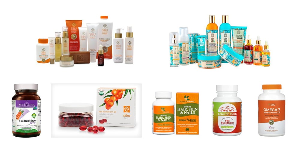 沙棘相關產品：上排為沙棘美妝保養品，下排為含沙棘之保健食品