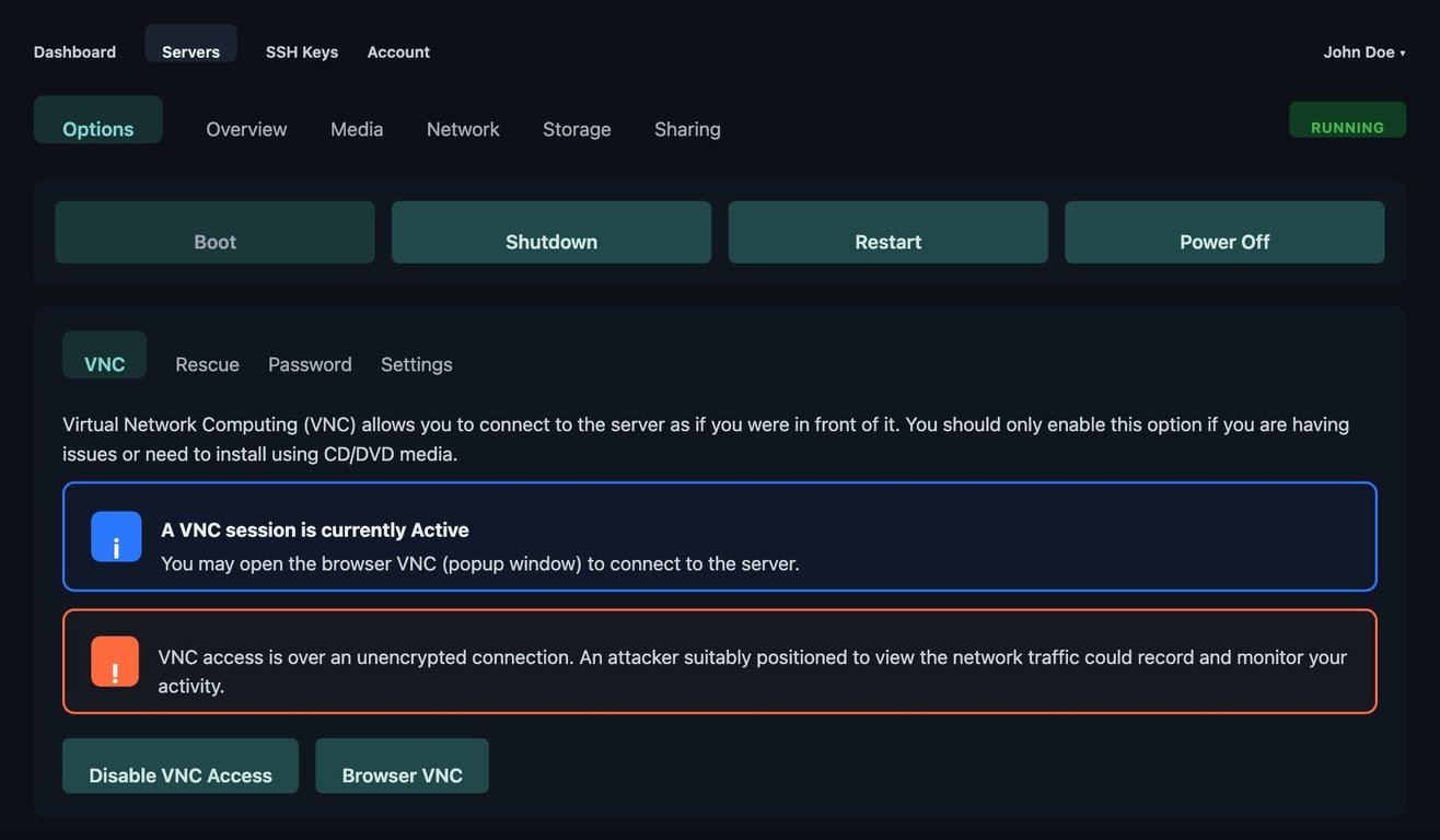 VNC active state with Browser VNC button highlighted