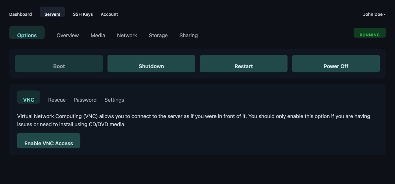Control panel Options tab with VNC sub-tab selected and Enable VNC Access button highlighted
