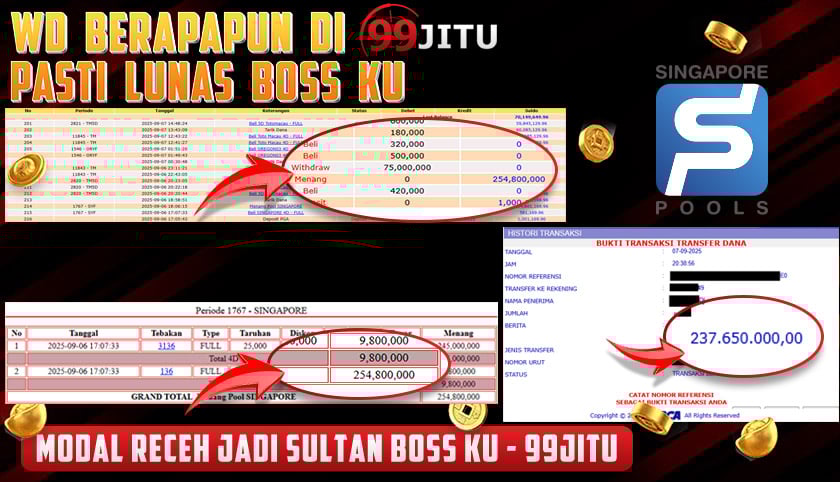 JACKPOT PASARAN SINGAPORE CAIR RP 237,650,000,- DI 99JITU