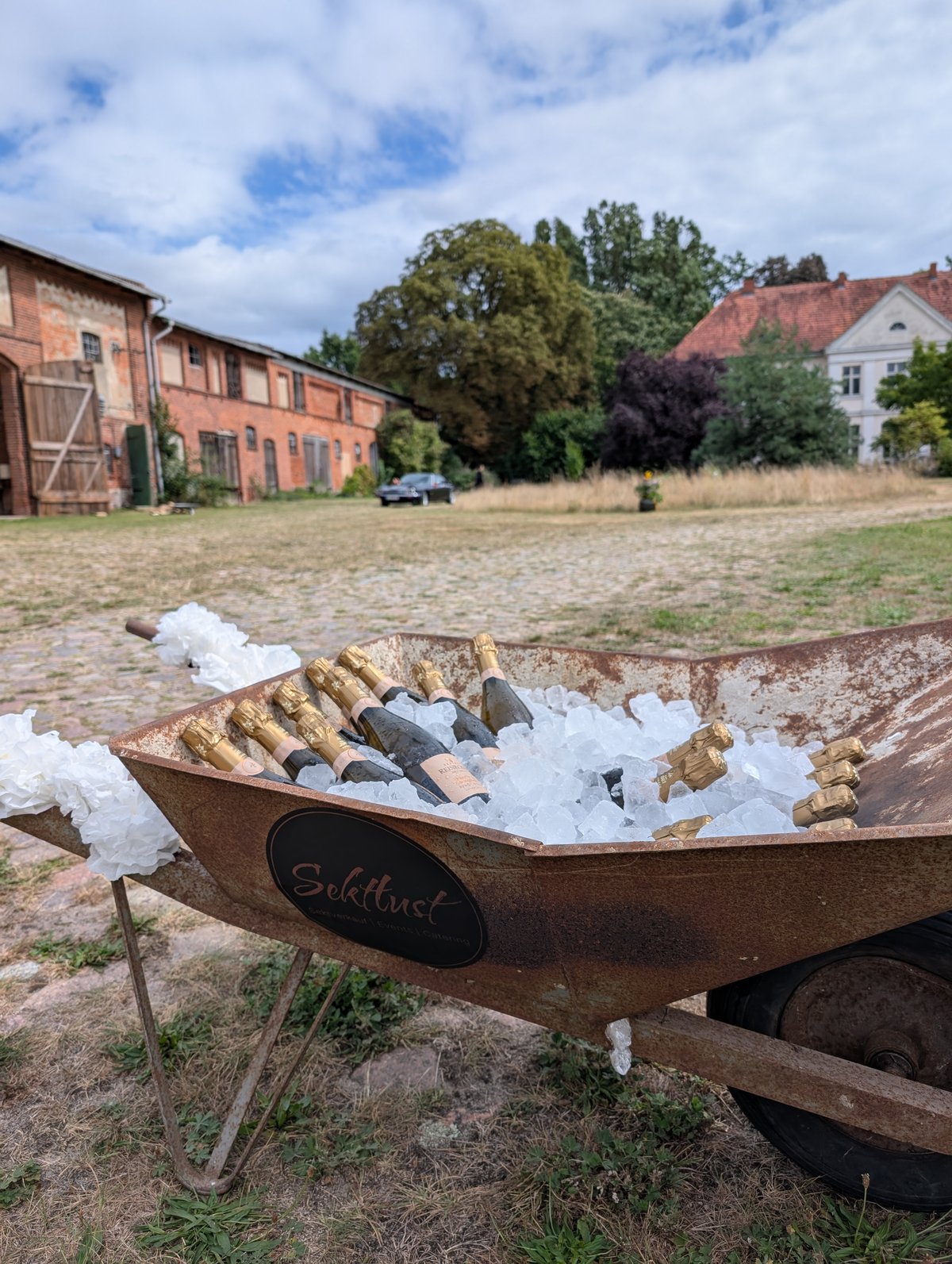 Sektflaschen auf Eis in einer Schubkarre mit Sektlust-Schild