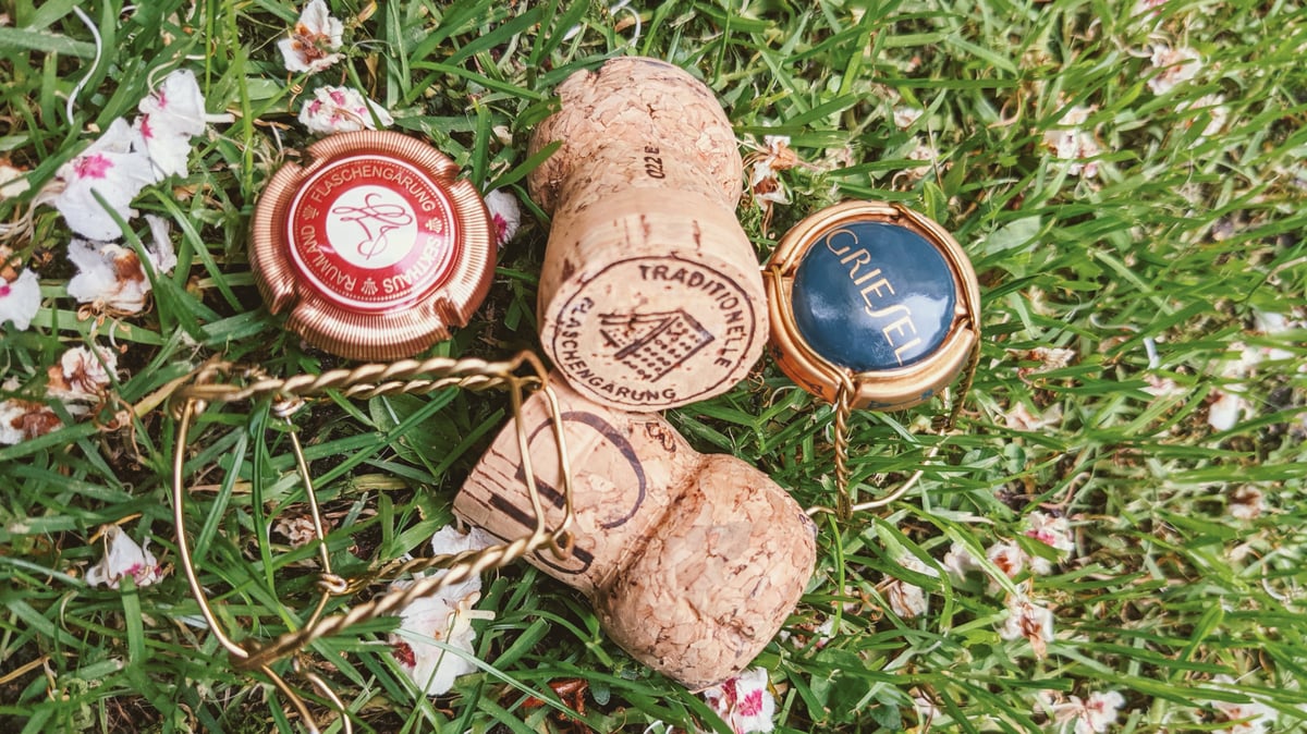 Korken, Agraffen und Griesel und Raumland Plättchen im Gras liegend. Traditionelle Flaschengährung