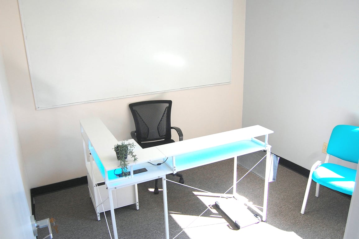 An interior shot of Private One Person Office #202 – No Glass Divider. Full Privacy. Window Office.