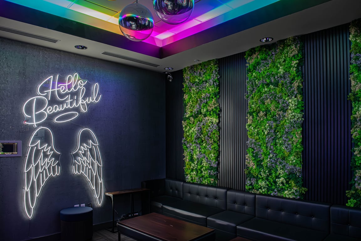 An interior shot of Private Karaoke and Meeting Suite 1 - Please note that while room is available for meeting space during the day, karaoke is only available M-F 6pm and later and on the weekends