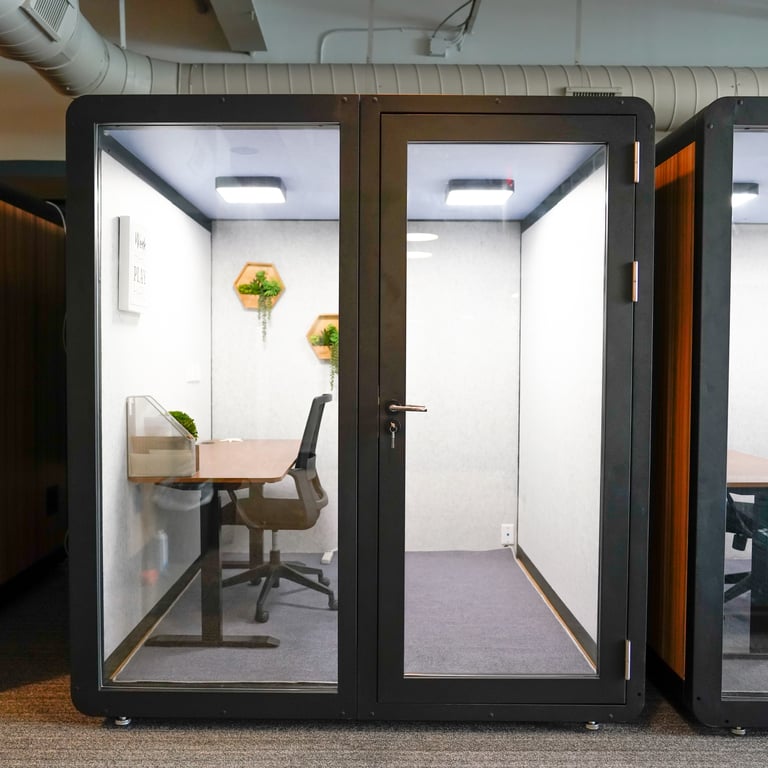 An interior shot of Sound-Proof Daily Office Pods at LionShare Cowork