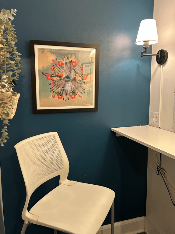 An interior shot of Left Phone Booth